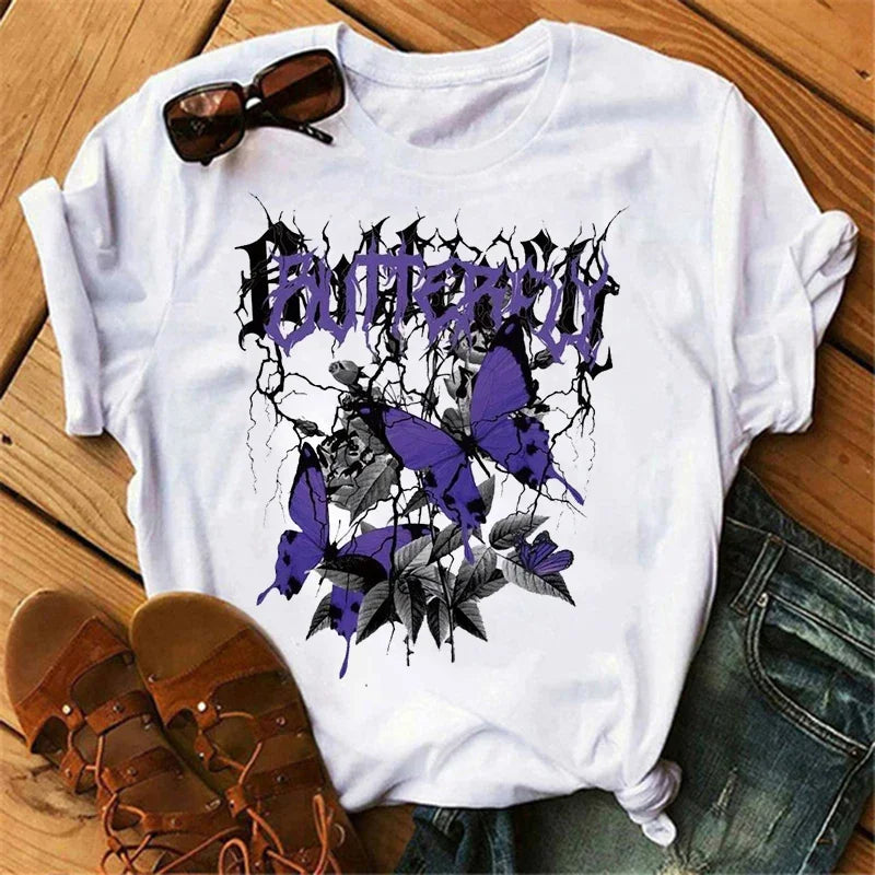 gothic Women's Butterfly Tree Print Harajuku T-Shirt Round Neck Top Short Sleeve Casual Summer Tee Shirt
