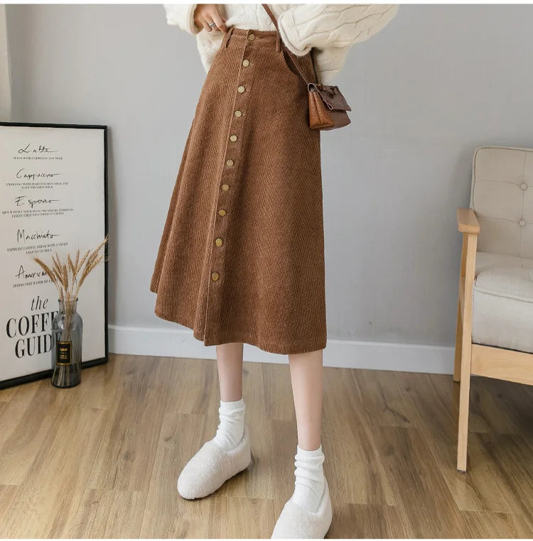 REALEFT Autumn Winter Corduroy Women A-Line Skirts 2023 New High Waist Solid Elegant Single Breasted Umbrella Midi Skirts Female