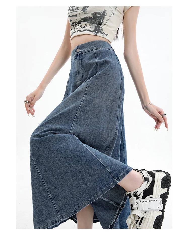 Long Denim Skirt Women 2024 Spring Summer New Arrivals High Elastic Waist A Line Jeans Skirts Korean Fashion Casual Blue Skirts