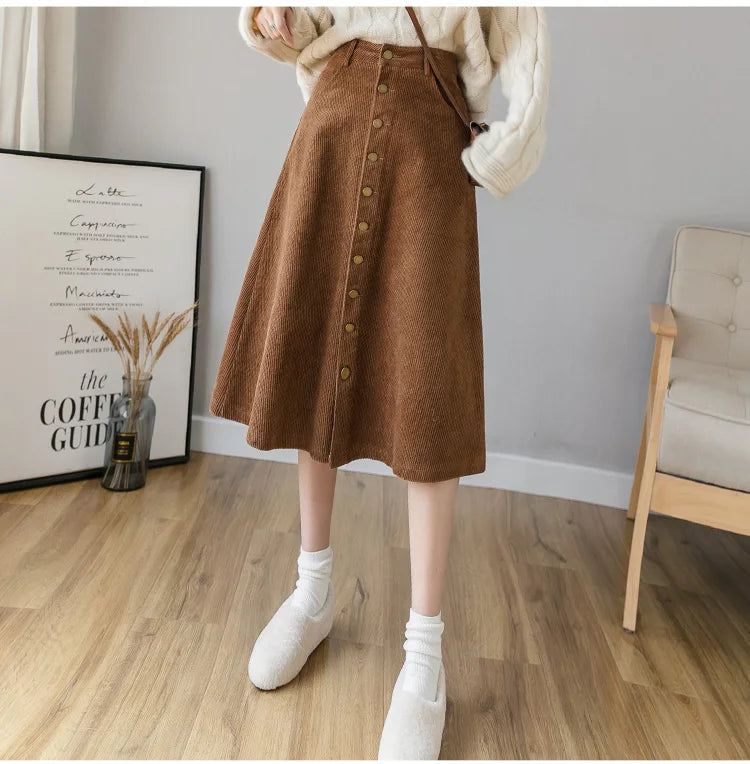 REALEFT Autumn Winter Corduroy Women A-Line Skirts 2023 New High Waist Solid Elegant Single Breasted Umbrella Midi Skirts Female