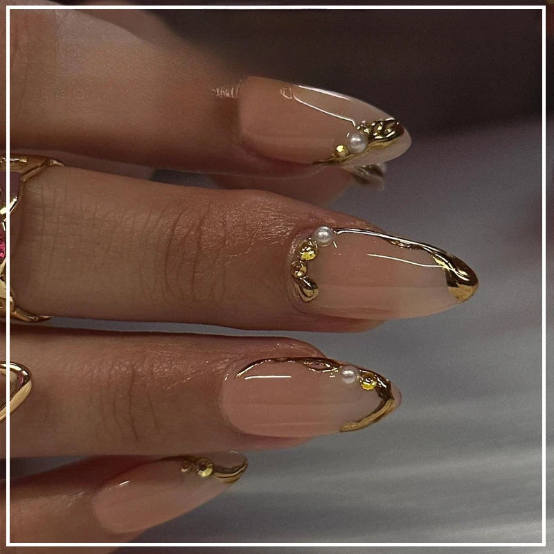 24PCS Almond Stiletto Press-On Nails β French Design with Metallic Shine & Glue Included