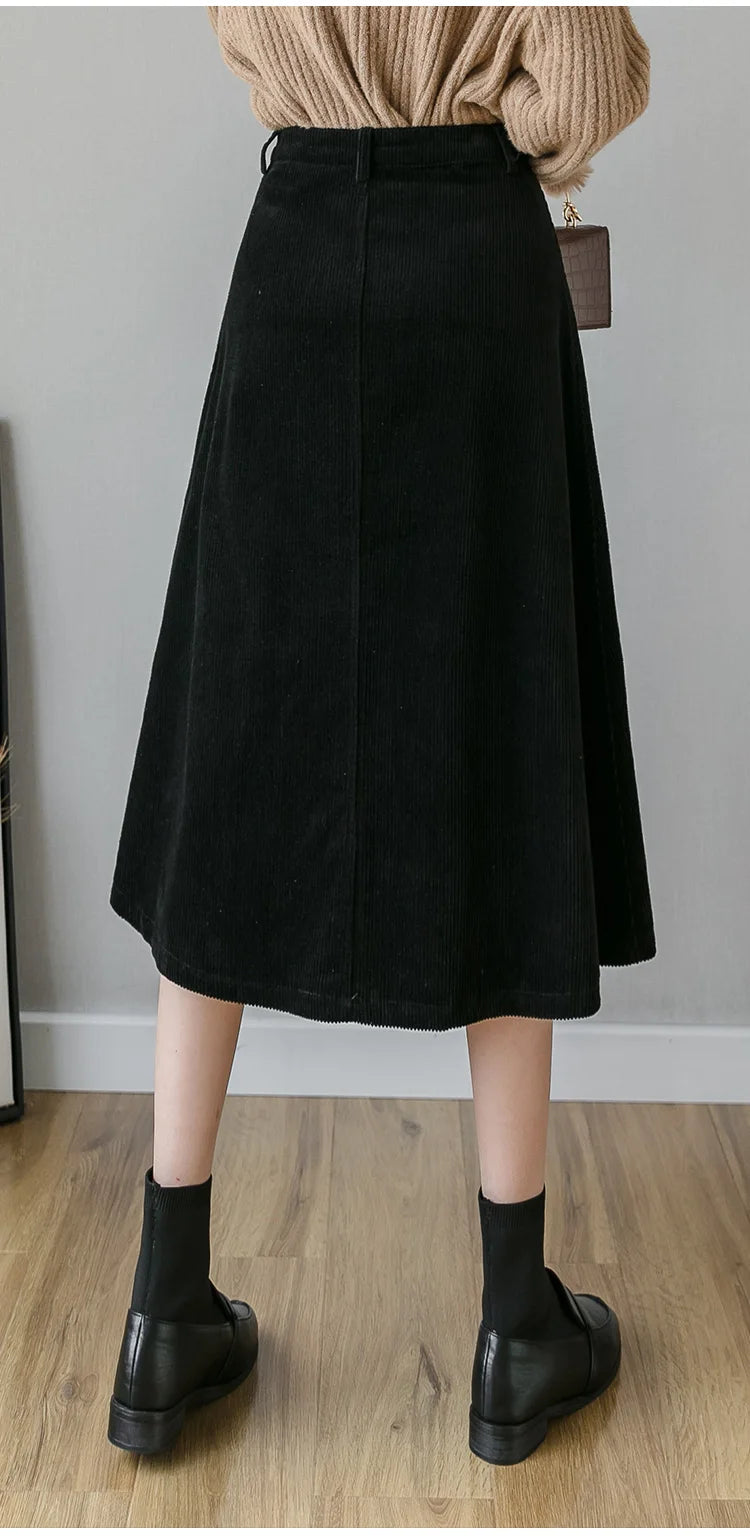 REALEFT Autumn Winter Corduroy Women A-Line Skirts 2023 New High Waist Solid Elegant Single Breasted Umbrella Midi Skirts Female