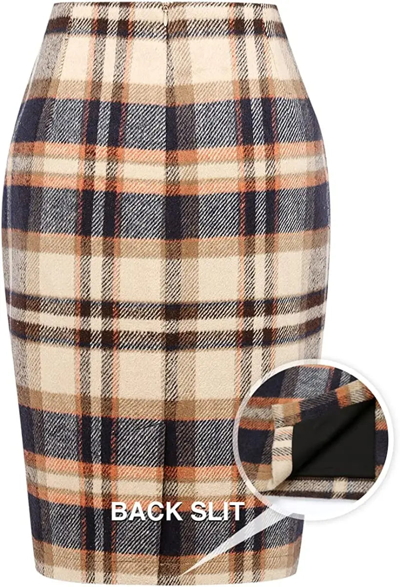 Women Midi Plaid Skirts Fall Winter Knee Length Pencil Wool Skirt with Slit