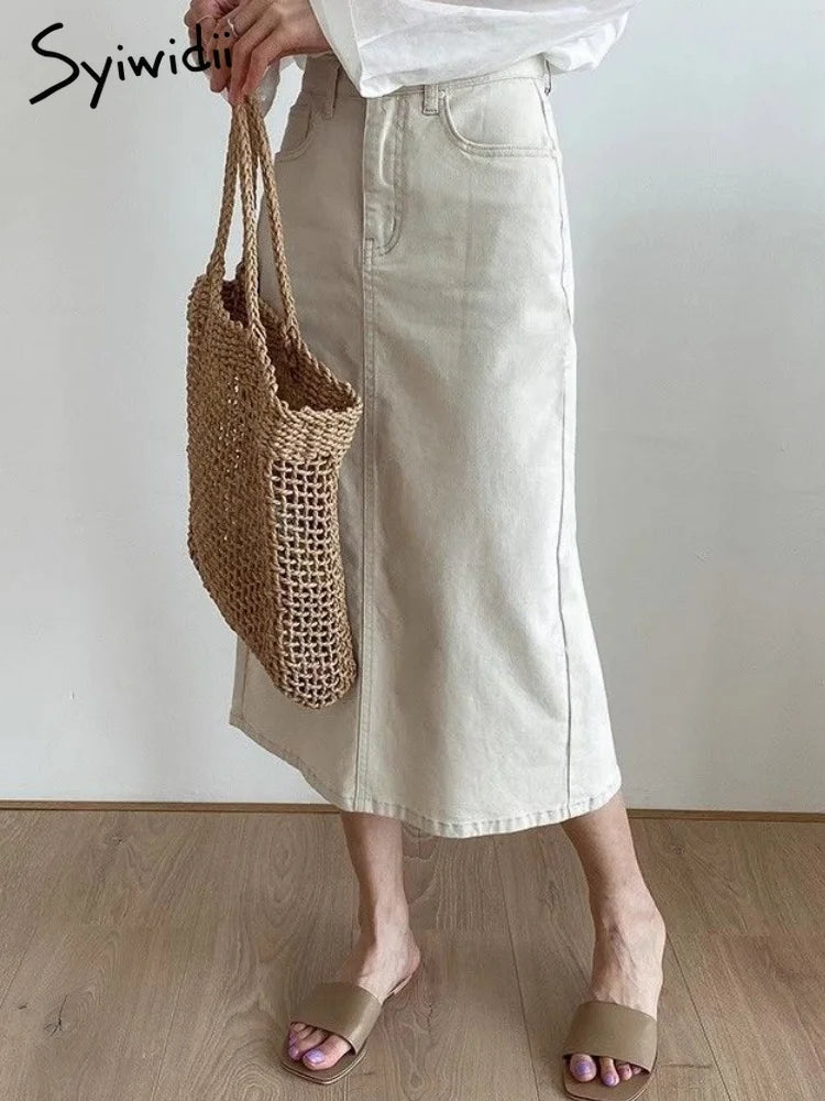 Syiwidii Solid Denim Long Skirts for Women Vintage Casual High Waist Slit A Line Skirts Summer 2025 New Fashion Simple Y2k Skirt