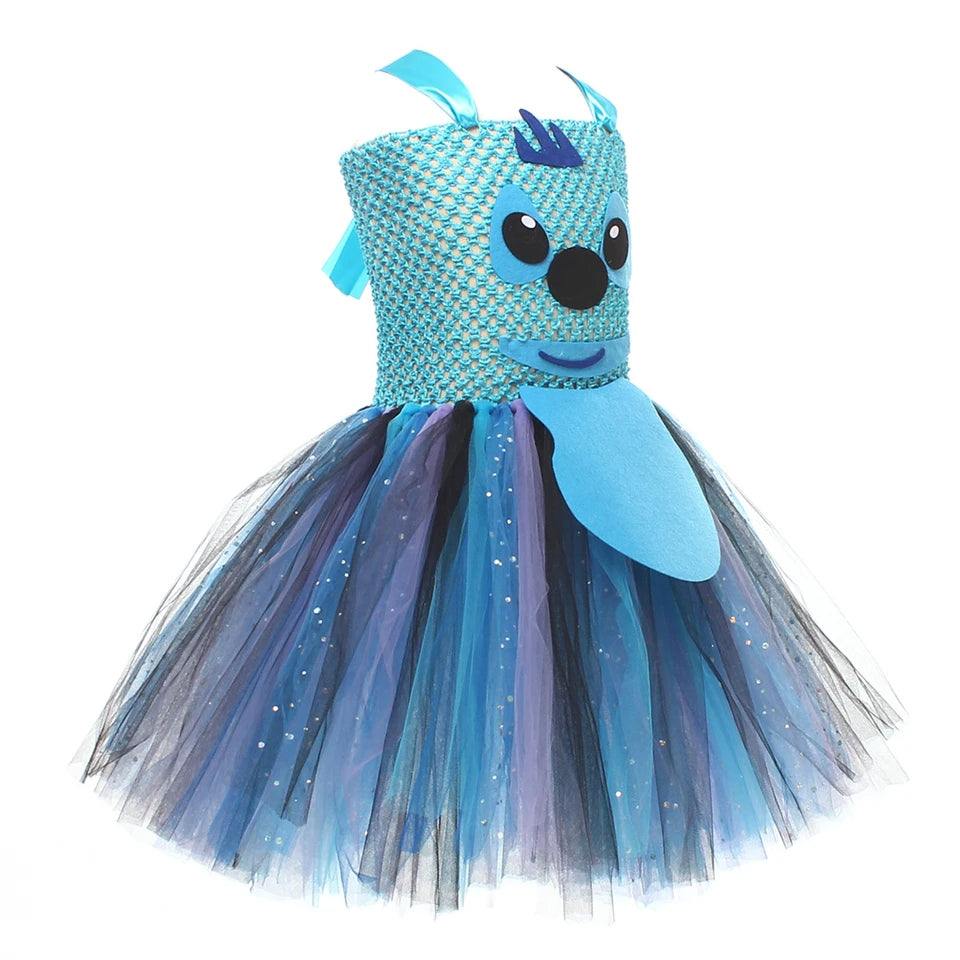 Movie Girls Alien Dog Costume Cartoon Blue Tulle Festival Dress Lilo Tutu Dress Maia Kealaha Live-action Character Dress Up
