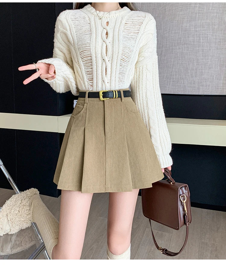 2024 Autumn and Winter Mini Pleated Skirt Women Fashion Streetwear A-line Skater Kawaii Skirts With Belt Korean School Girl Saia