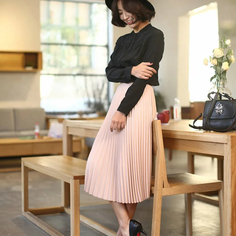 Spring and Autumn New Fashion Women's High Waist Pleated Solid Color Half Length Elastic Skirt Promotions Lady Black Pink