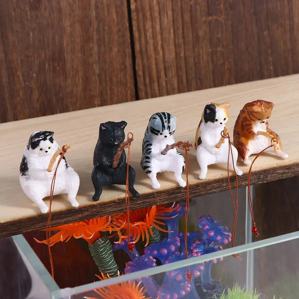 Hanging Decoration Plant Pot Aquarium Tanks Decor Fish Tank Ornaments Cat Statue Kitten Fishing Ornament Miniature Figurines