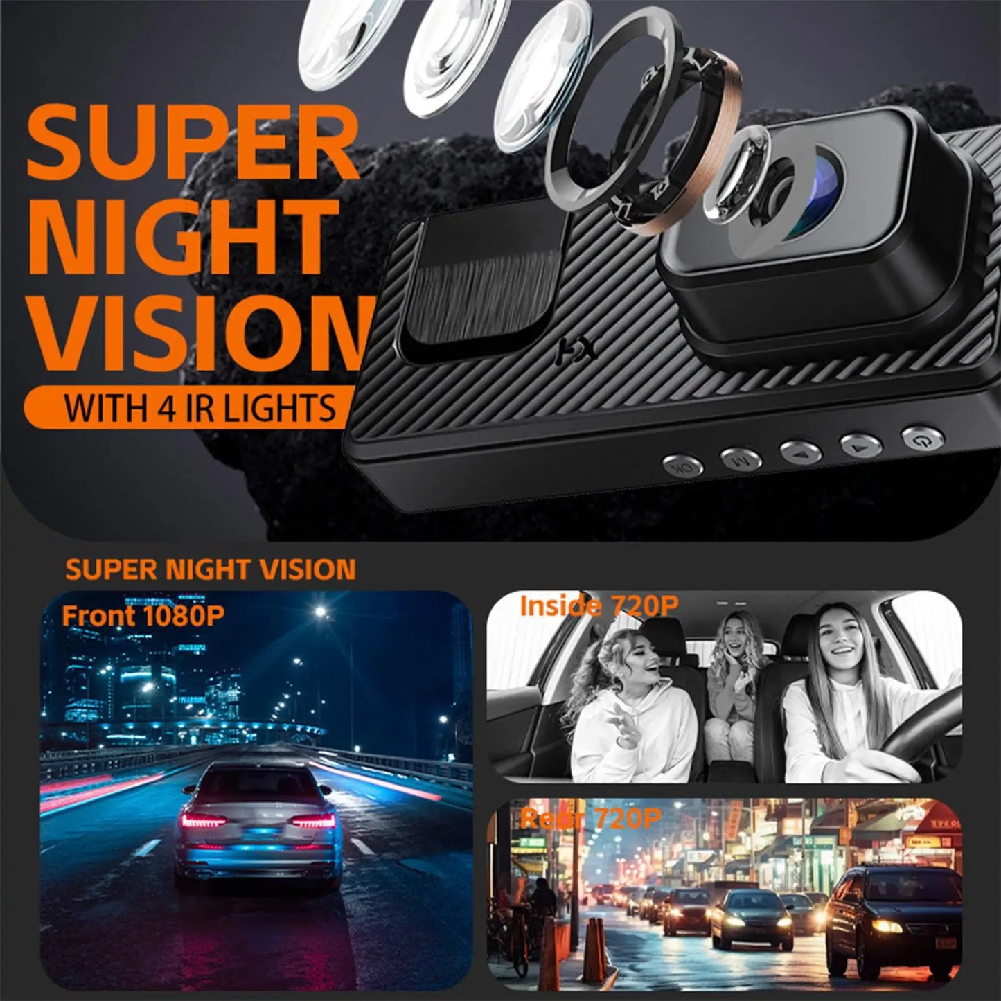 Dash Cam For Car 3 Channel Driving Recorder 1080P WIFI Recorder Front Rear Infrared Night Vision Reversing Image For Blind Spot