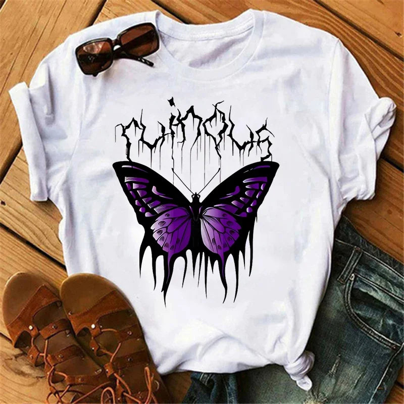 gothic Women's Butterfly Tree Print Harajuku T-Shirt Round Neck Top Short Sleeve Casual Summer Tee Shirt