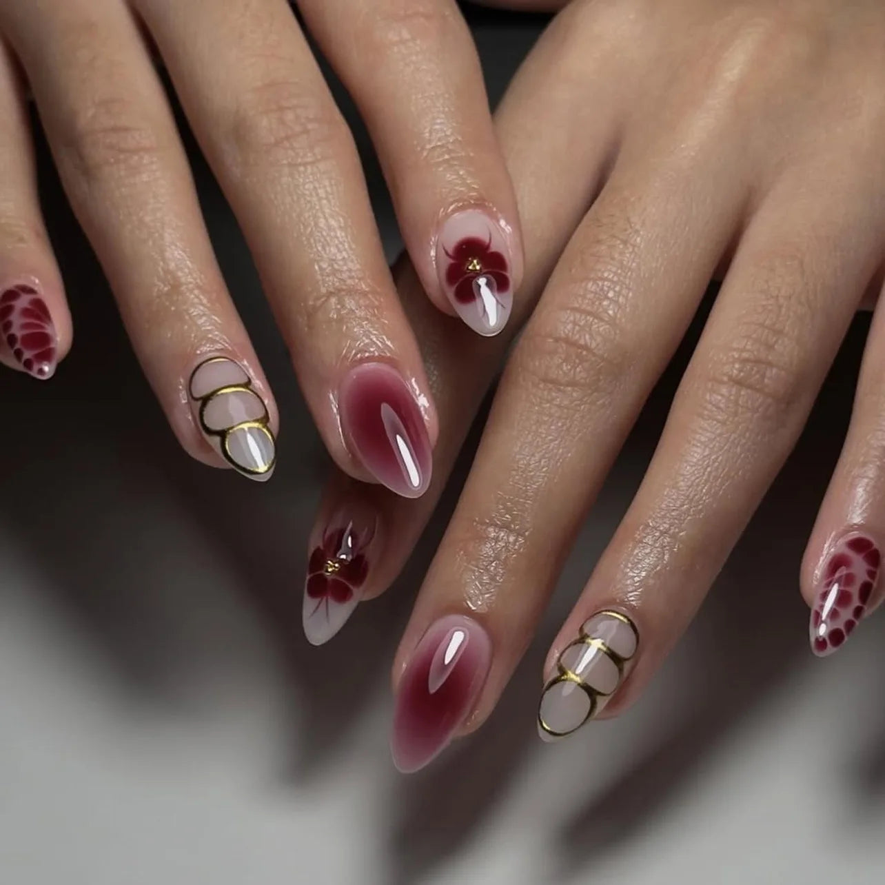 24PCS Almond Nails – Mixed Solid Colors with Subtle Florals & Golden Highlights
