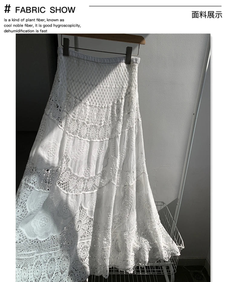 SMTHMA New Korean Retro French Hook Flower Hollow Design Elastic Knitted Skirt Women's Elastic High Waist A-line Long Skirt