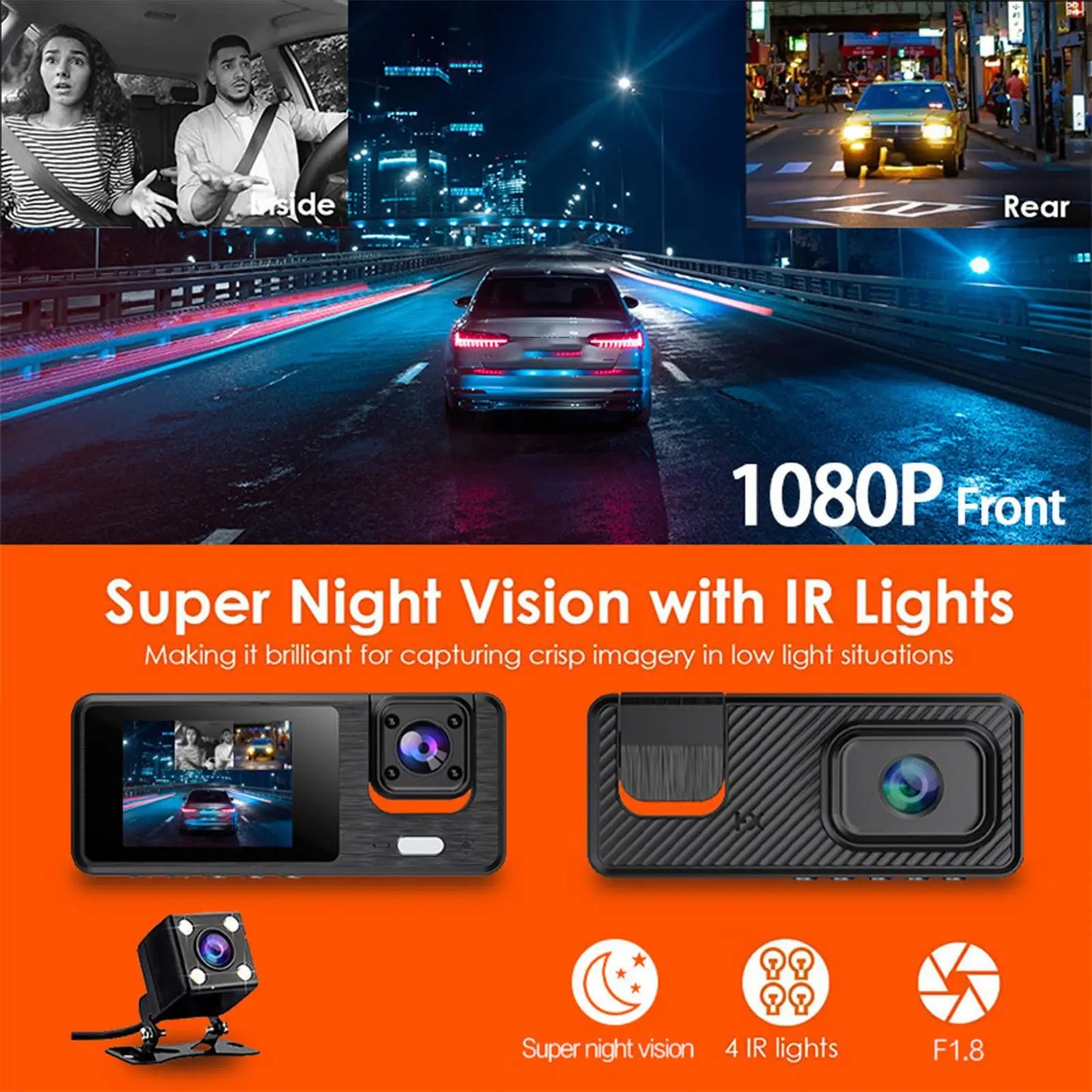 Dash Cam For Car 3 Channel Driving Recorder 1080P WIFI Recorder Front Rear Infrared Night Vision Reversing Image For Blind Spot