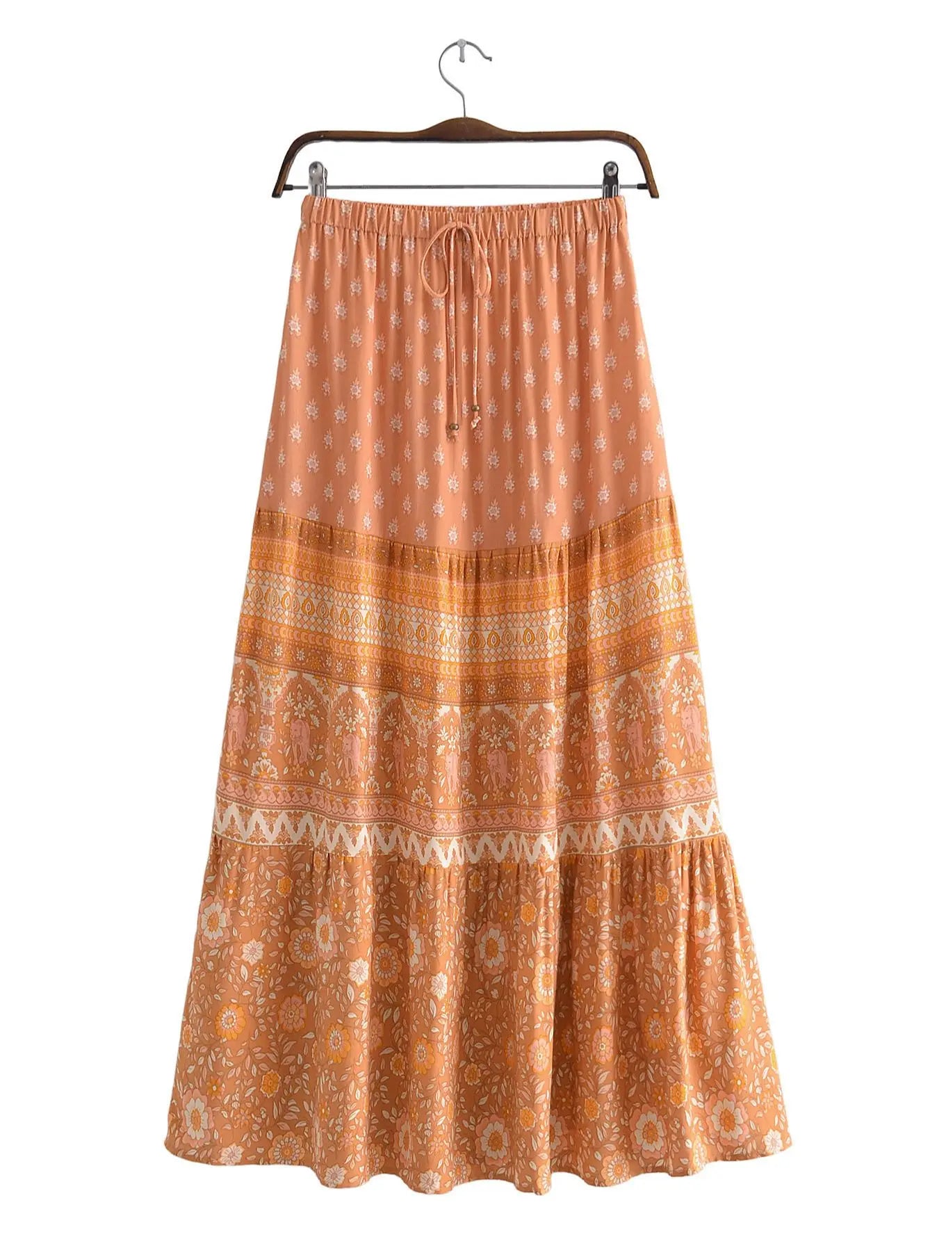 2022 BOHO Orange Flower Print Long Skirt Spliced Ruched Ruffle Hem Hippie Women Ball Tassel Bow Waist Swing Skirts Holiday