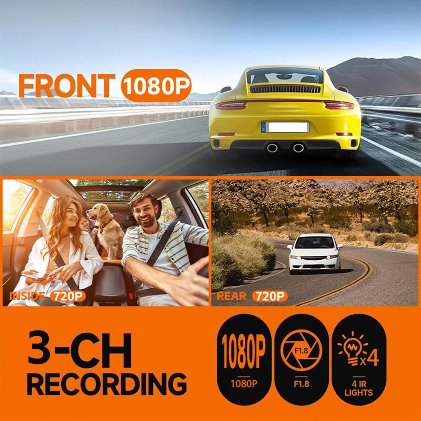 Dash Cam For Car 3 Channel Driving Recorder 1080P WIFI Recorder Front Rear Infrared Night Vision Reversing Image For Blind Spot