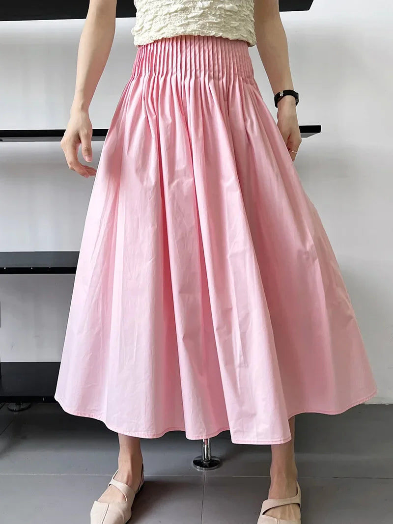 Elegant High-Waisted Pink A- Line Skirt Sweet Umbrella Design Sensibility Plenty of Pleats Medium-Length Women's Fashion