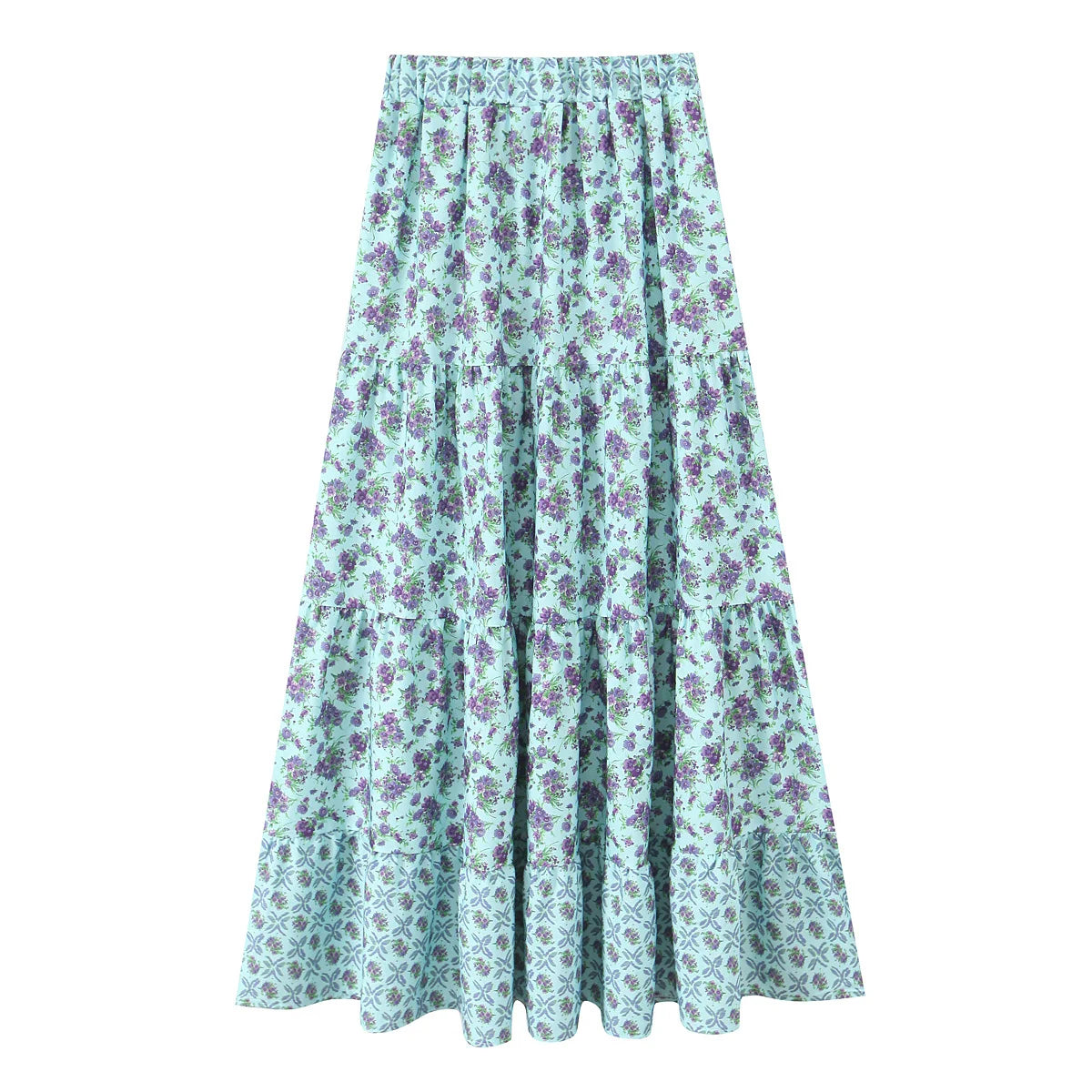 Elegant Women Holiday Wind Floral Print Tirred Ruffles Long Skirt Faldas Mujer Female Summer Elastic Waist Skirts QUN9083