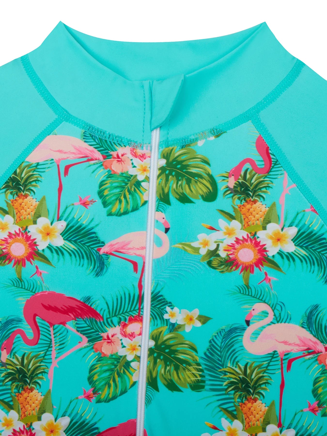 Cyan Color One-Piece Swimwear Kids Girl Long-Sleeved Flamingo Print Swimsuit Beach Water Play Summer Swimming Suit Boyleg Shorts