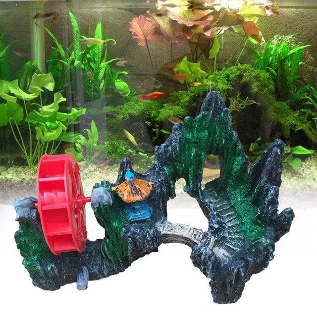 Aquarium Aquarium Fish Tank Ornament Resin Artificial Mountain Stone Windmill Air Pick-up Pump Can Turn The Water Wheel