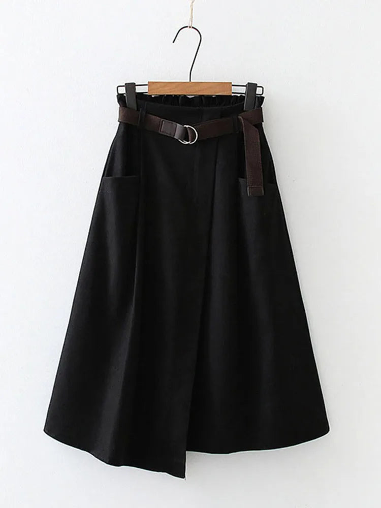 Women Casual Skirts Spring Autumn Solid High Waist Irregular Pockets Midi Skirts Fashion Simple Elegant Saia Faldas