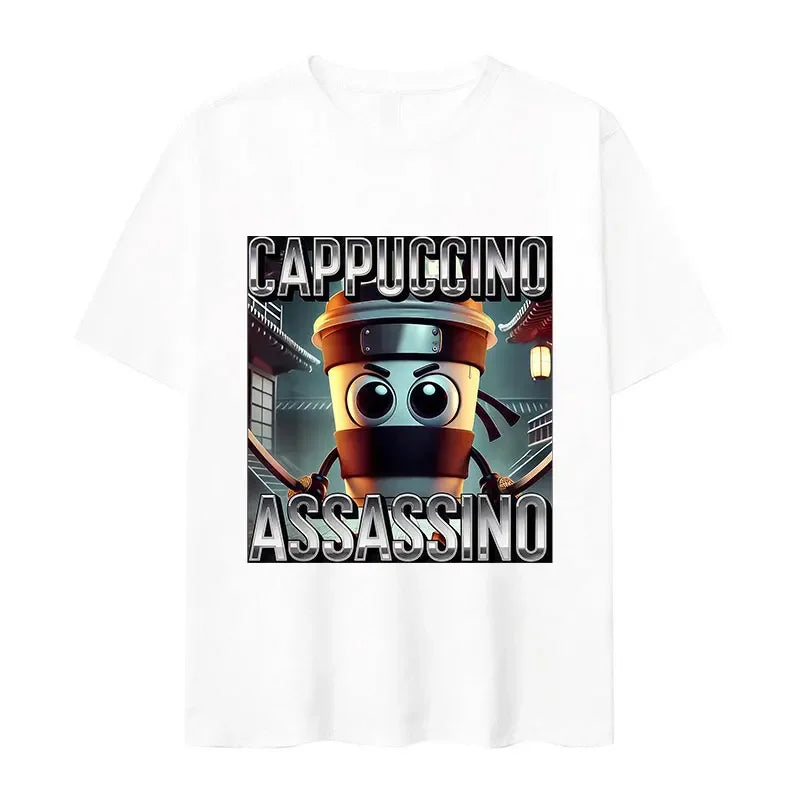 Italian Brainrot Fun Cappuccino Assasino Meme Men's Kawaii Short sleeved T-shirt Summer Round Neck 100% Cotton T-shirt