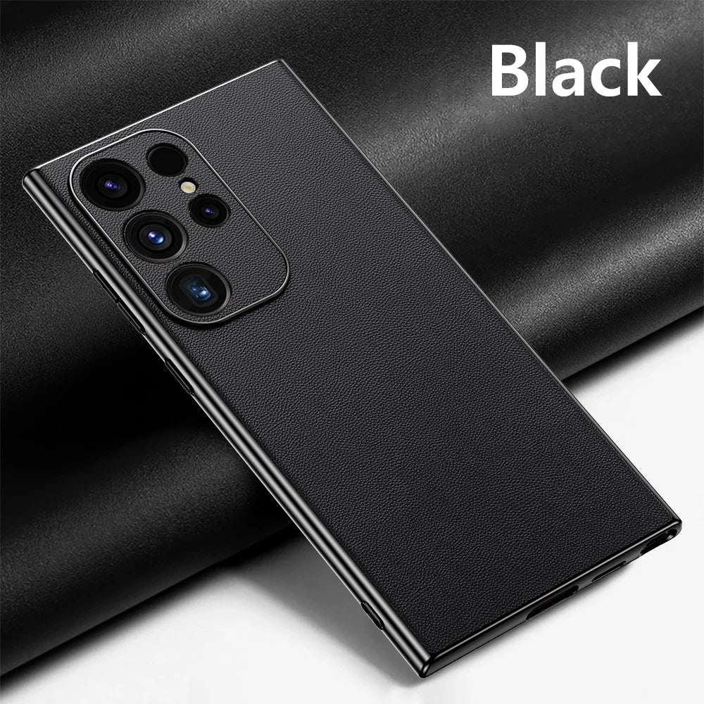 Leather Phone Case for Samsung Galaxy S25 S24 S23 Ultra S22 Plus Luxury Plating Soft Edges Shockproof 360 Full Protective Cover