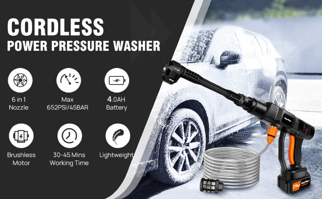 Cordless Pressure Washer, Portable Power Washer with 4.0Ah Battery 6-in-1 Nozzle, Handheld Brushless High-Pressure Car Washer