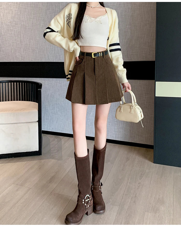 2024 Autumn and Winter Mini Pleated Skirt Women Fashion Streetwear A-line Skater Kawaii Skirts With Belt Korean School Girl Saia