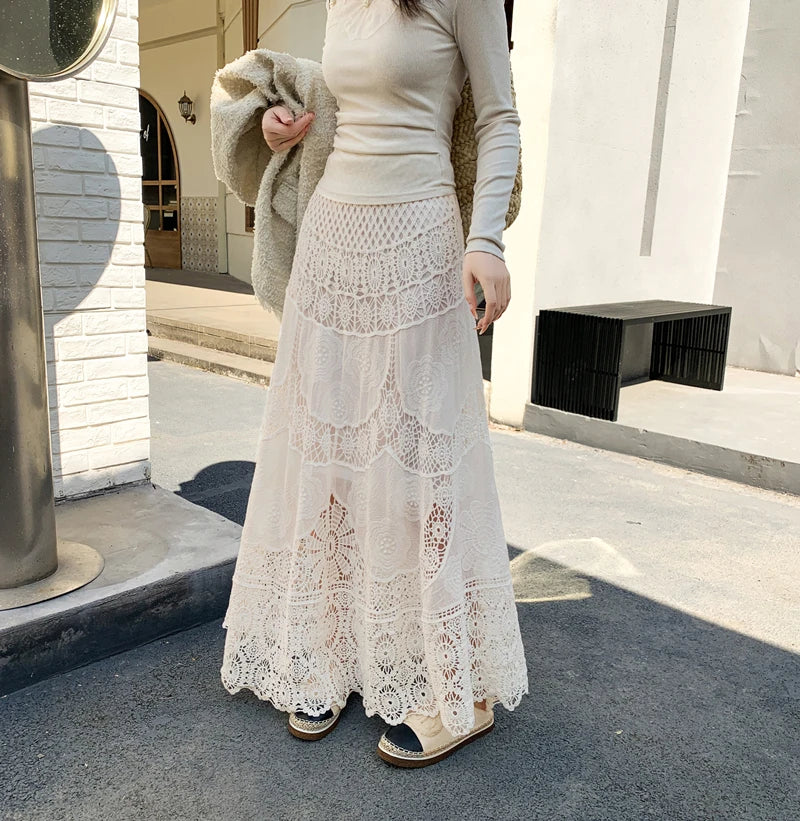 SMTHMA New Korean Retro French Hook Flower Hollow Design Elastic Knitted Skirt Women's Elastic High Waist A-line Long Skirt
