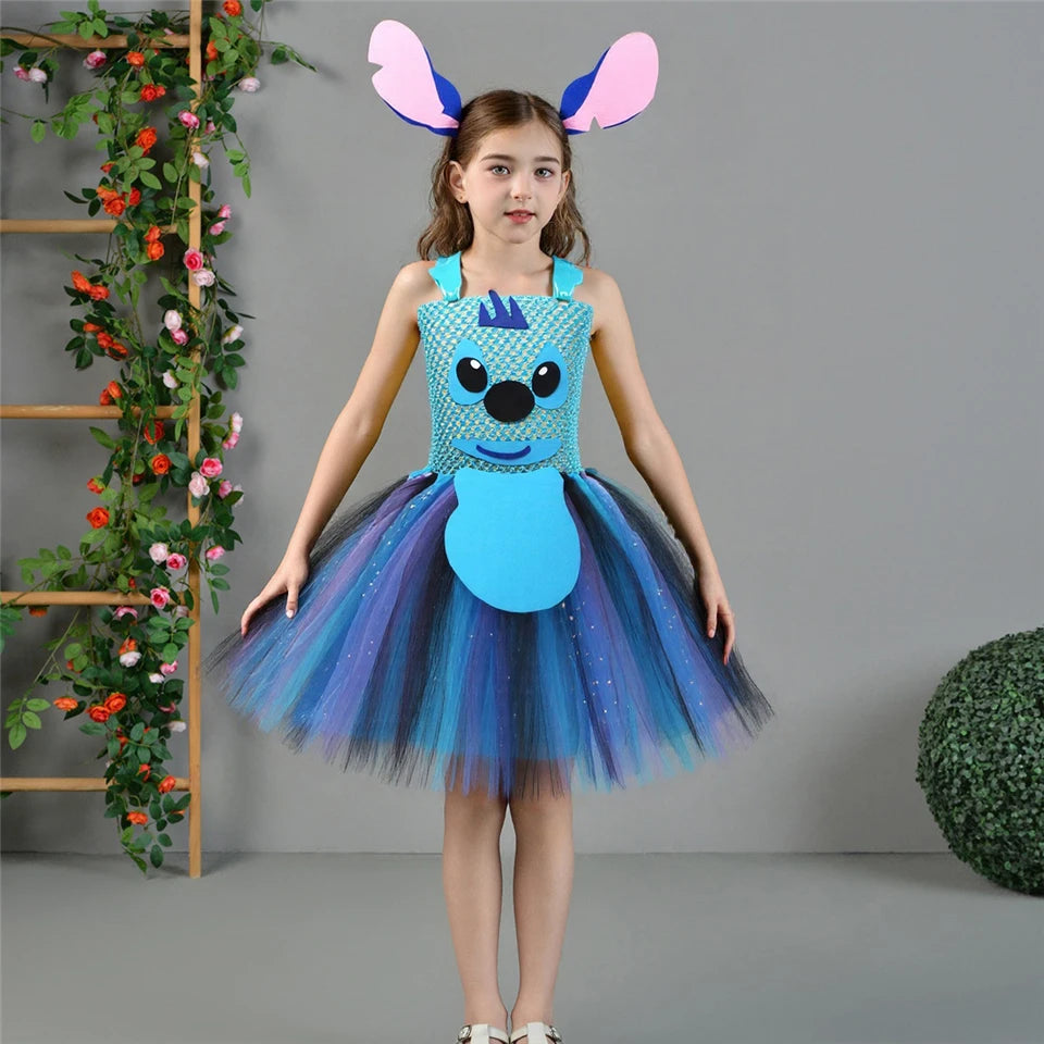Movie Girls Alien Dog Costume Cartoon Blue Tulle Festival Dress Lilo Tutu Dress Maia Kealaha Live-action Character Dress Up