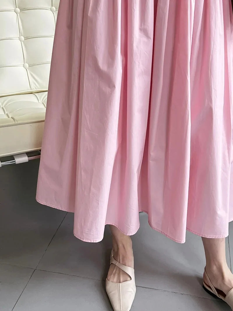 Elegant High-Waisted Pink A- Line Skirt Sweet Umbrella Design Sensibility Plenty of Pleats Medium-Length Women's Fashion