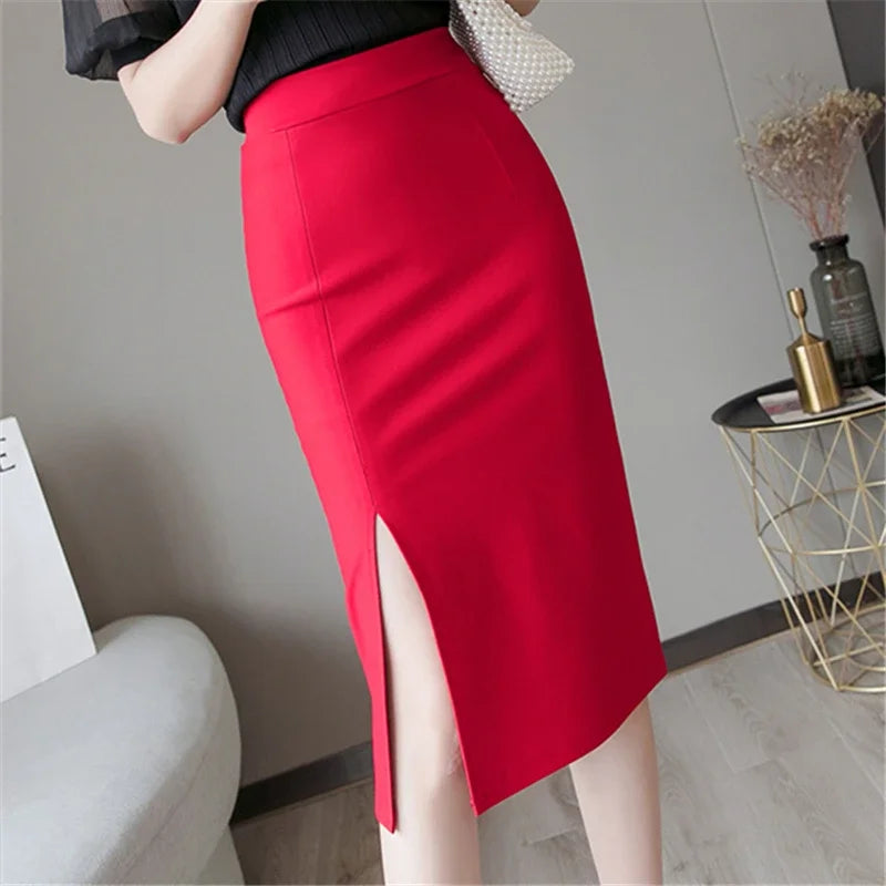 Seoulish 2024 New Spring Summer Mid length Women's Skirt Elegant Office Lady Style Solid Split Mid Length Skirts Female