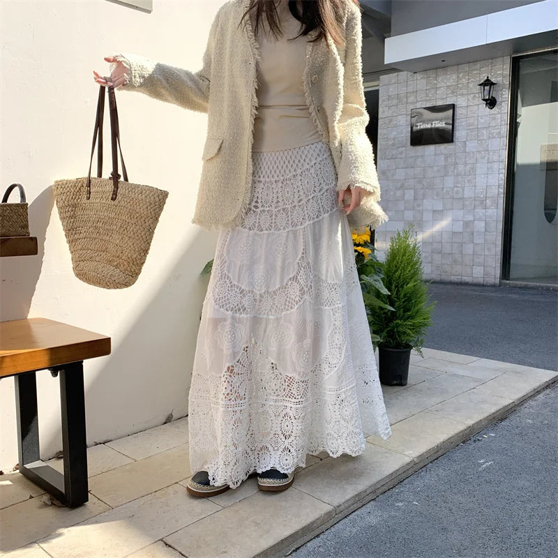 SMTHMA New Korean Retro French Hook Flower Hollow Design Elastic Knitted Skirt Women's Elastic High Waist A-line Long Skirt