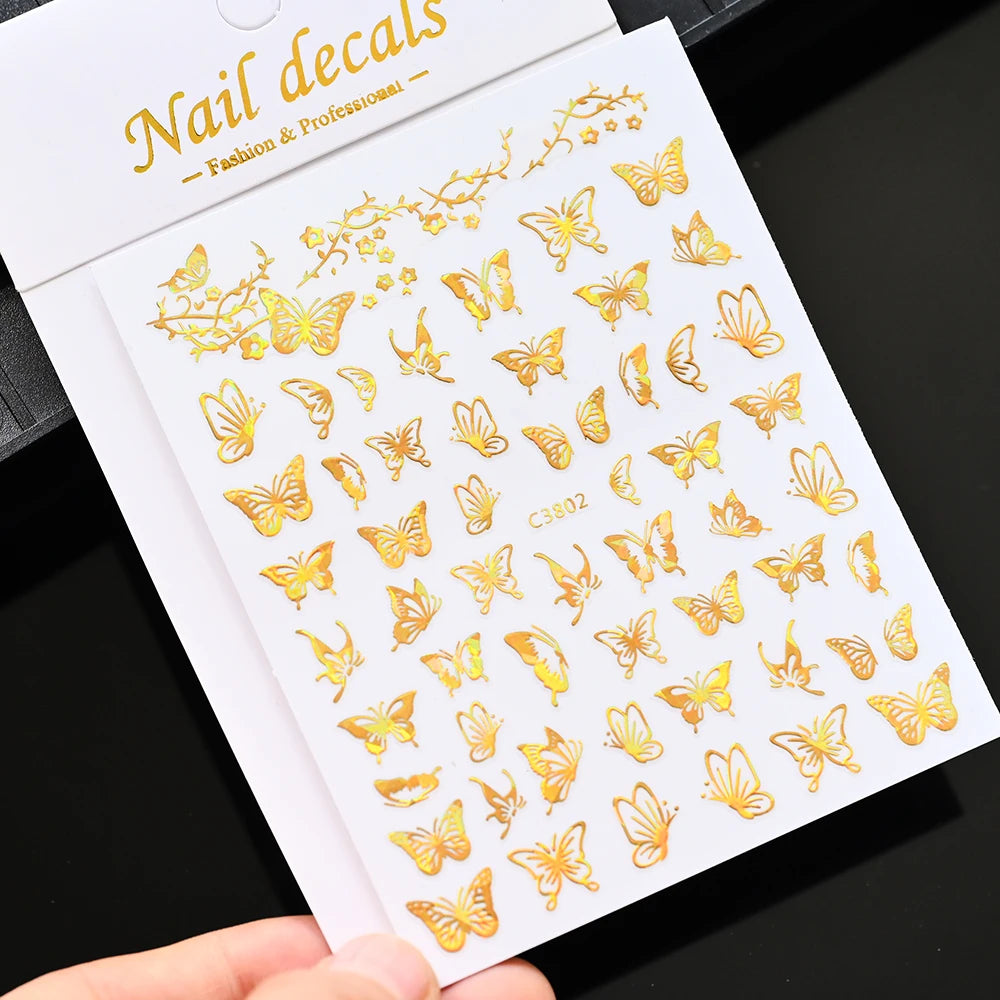 Glitter Flame Nail Art Set – Self-Adhesive Silver Stickers with Butterfly Foil for Manicure Magic