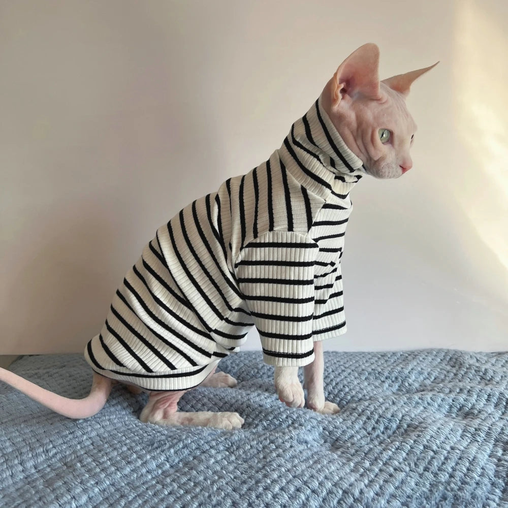 Striped Undershirt for Sphynx Cat Elegant high neck T-shirt for Kittens Dogs Spring Soft Long Sleeve Coat for Devon Rex Clothing