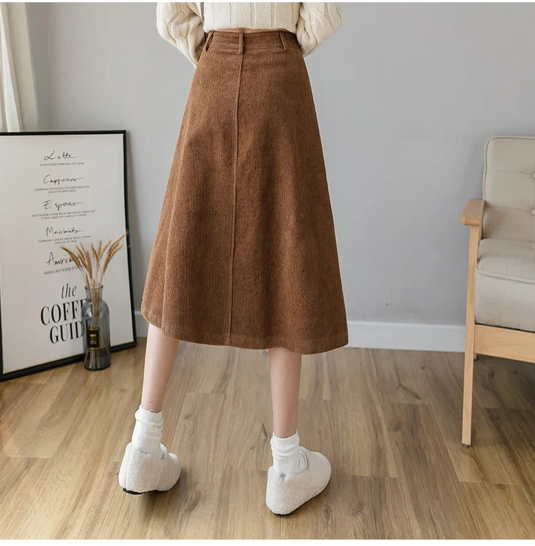 REALEFT Autumn Winter Corduroy Women A-Line Skirts 2023 New High Waist Solid Elegant Single Breasted Umbrella Midi Skirts Female