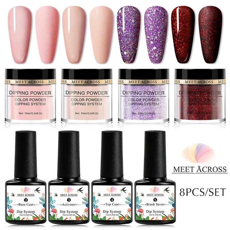 8 Colors Dip Powder Nail Set – Classic Nude Pink & Glitter Collection for DIY Salon Nails