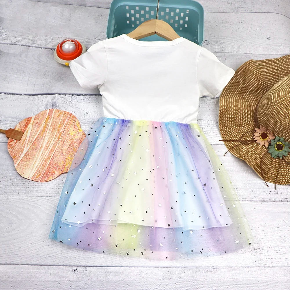 2025 New Girls Dress Summer Kids Clothes Children Princess Baby Stitch Fashion Stich Short Sleeve Party Dresses Rainbow 2-8Y