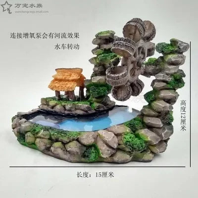 Aquarium Aquarium Fish Tank Ornament Resin Artificial Mountain Stone Windmill Air Pick-up Pump Can Turn The Water Wheel