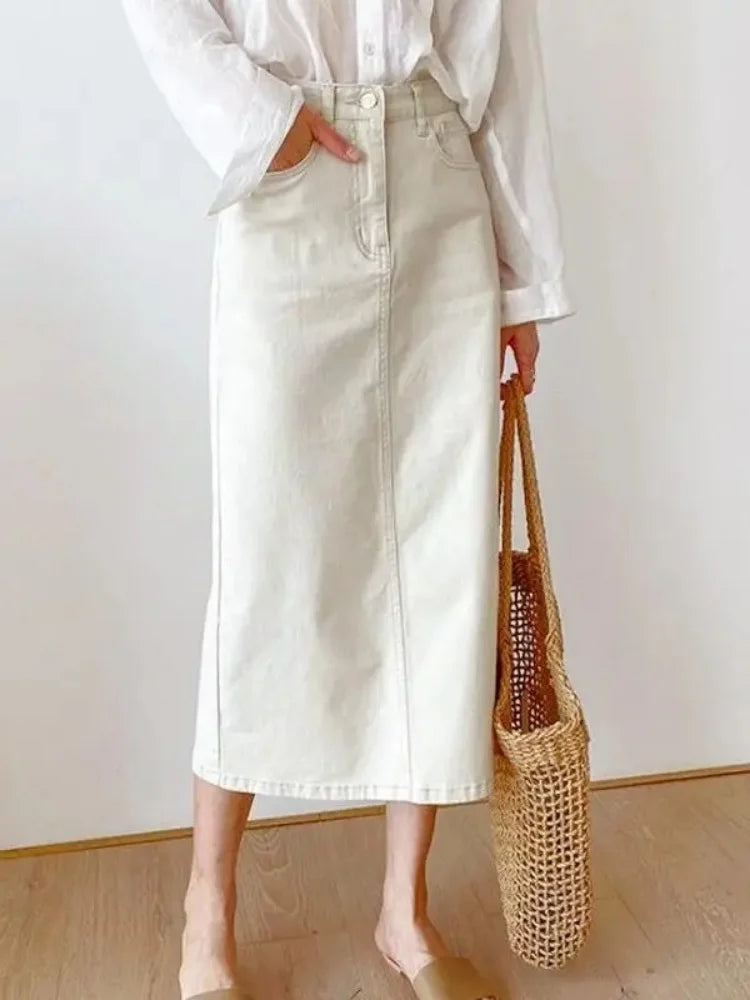 Syiwidii Solid Denim Long Skirts for Women Vintage Casual High Waist Slit A Line Skirts Summer 2025 New Fashion Simple Y2k Skirt