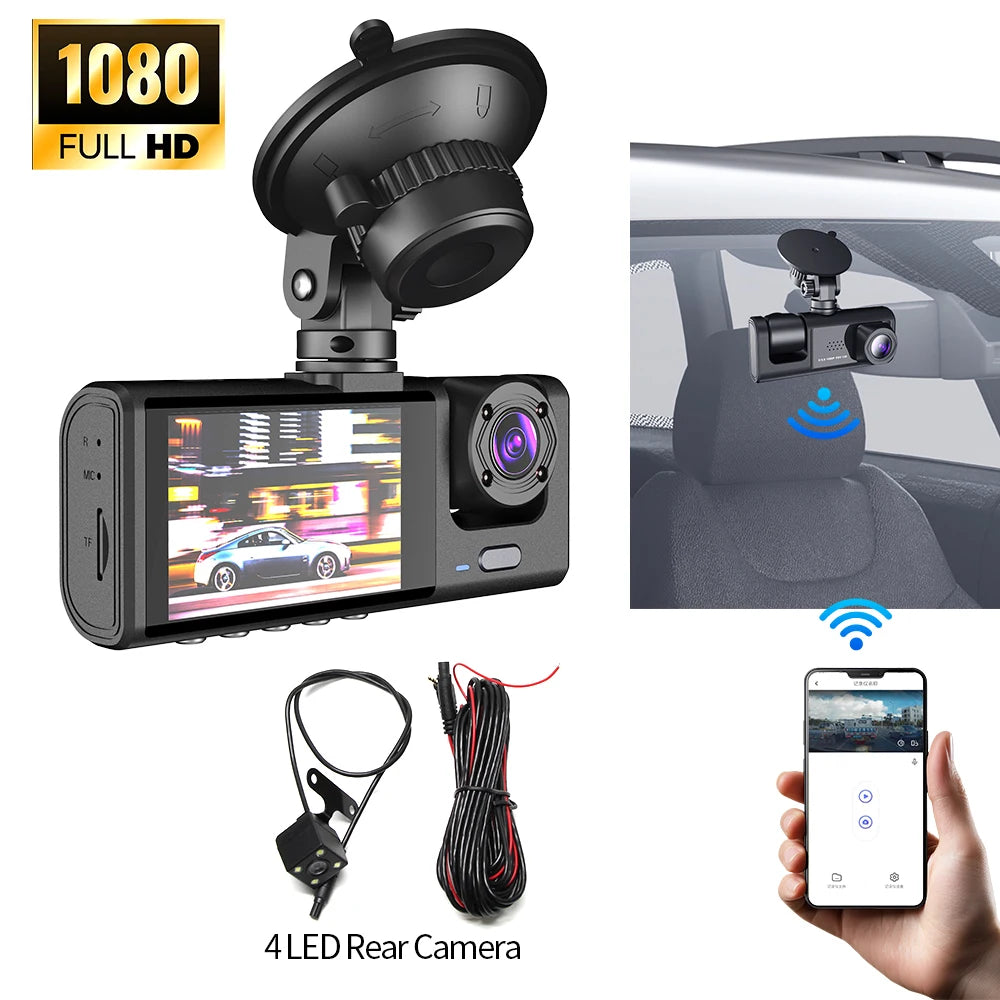 1080P DVR Car Recorder HD 3-Lens Inside Infrared Night Vision 3 Cameras Gravity Sensor Universal IPS Safe Driving Video Recorder