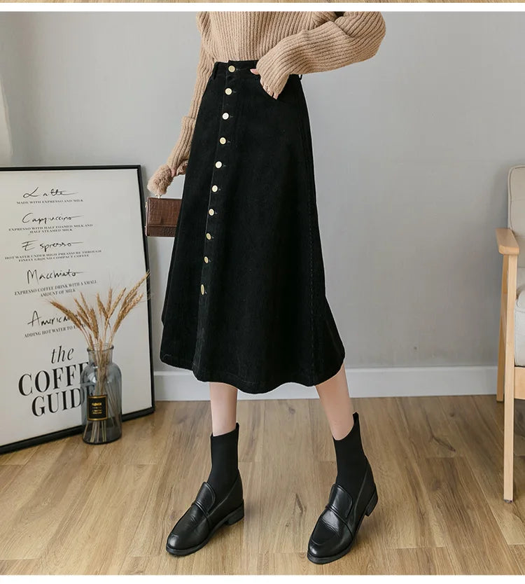 REALEFT Autumn Winter Corduroy Women A-Line Skirts 2023 New High Waist Solid Elegant Single Breasted Umbrella Midi Skirts Female