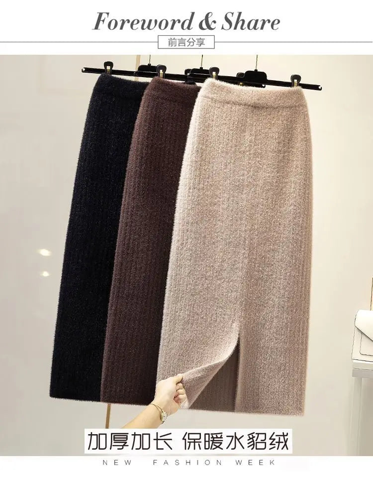 Mink velvet skirt female autumn and winter mid-length knitted one-step skirt split straight winter skirt casual solid long skirt