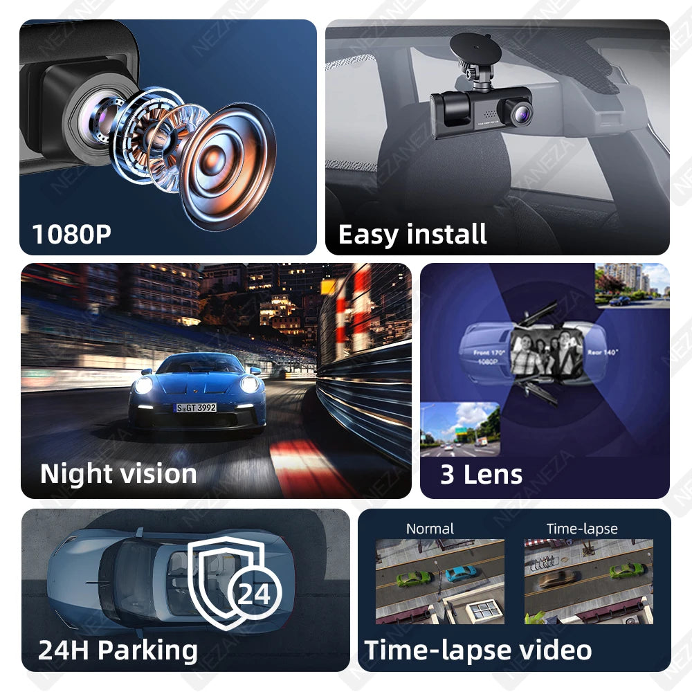 1080P DVR Car Recorder HD 3-Lens Inside Infrared Night Vision 3 Cameras Gravity Sensor Universal IPS Safe Driving Video Recorder