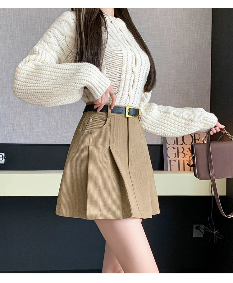 2024 Autumn and Winter Mini Pleated Skirt Women Fashion Streetwear A-line Skater Kawaii Skirts With Belt Korean School Girl Saia