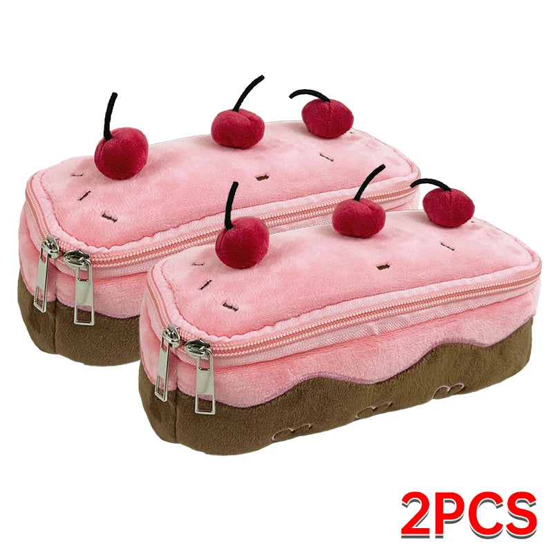 Plush Cherry Cake Pencil Case – Cute Large Capacity Kawaii Pouch for Girls, Kids & Back-to-School Accessories