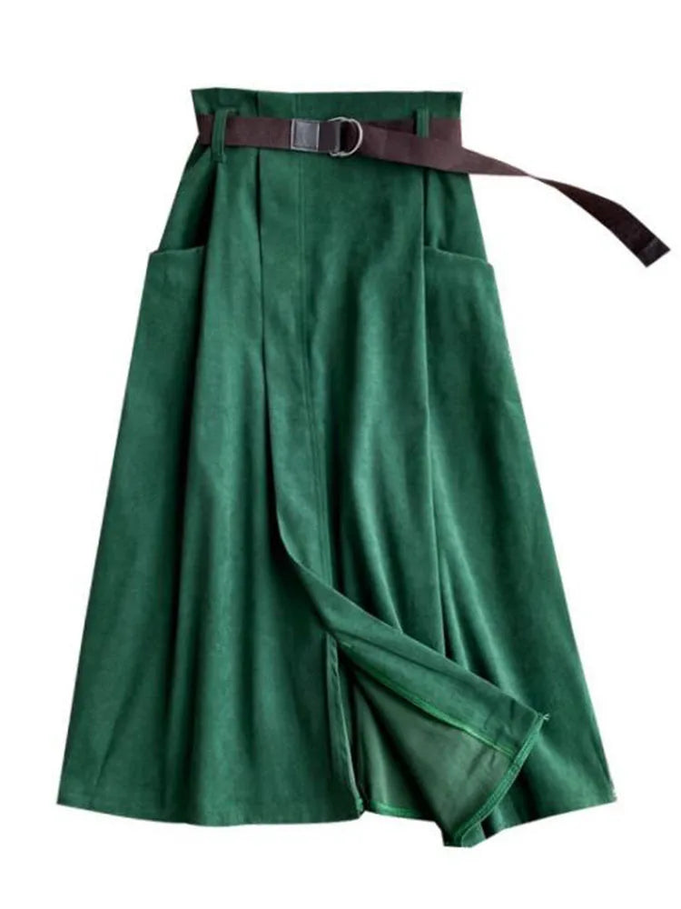 Women Casual Skirts Spring Autumn Solid High Waist Irregular Pockets Midi Skirts Fashion Simple Elegant Saia Faldas