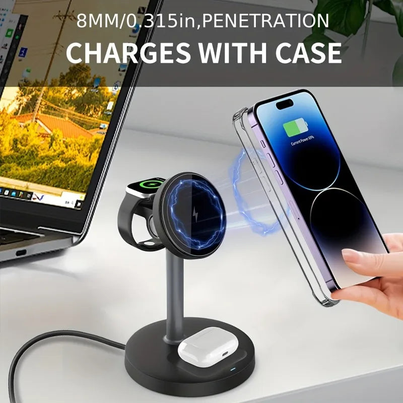 3 In 1 Magnetic Wireless Charger Adjustable Stand For iPhone 16 15 14 13 Pro Max iWatch 10 9 8 AirPods Pro Fast Charging Station