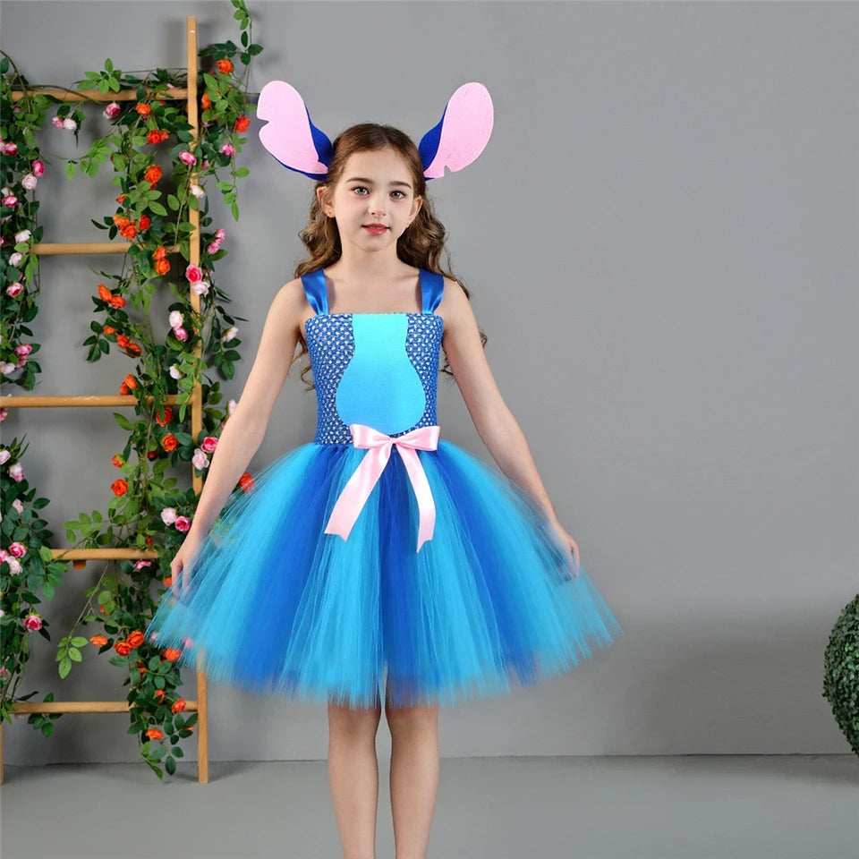 Movie Girls Alien Dog Costume Cartoon Blue Tulle Festival Dress Lilo Tutu Dress Maia Kealaha Live-action Character Dress Up