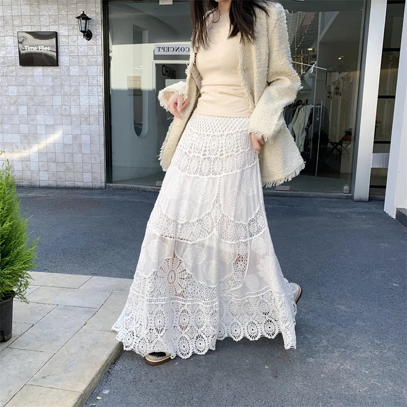 SMTHMA New Korean Retro French Hook Flower Hollow Design Elastic Knitted Skirt Women's Elastic High Waist A-line Long Skirt